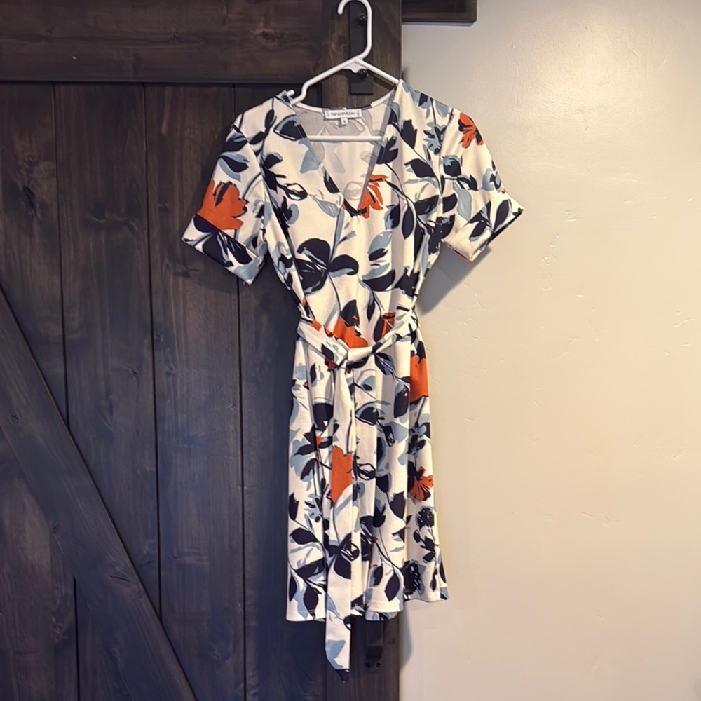 Wrap Midi Dress in White with Navy & Orange Floral Print